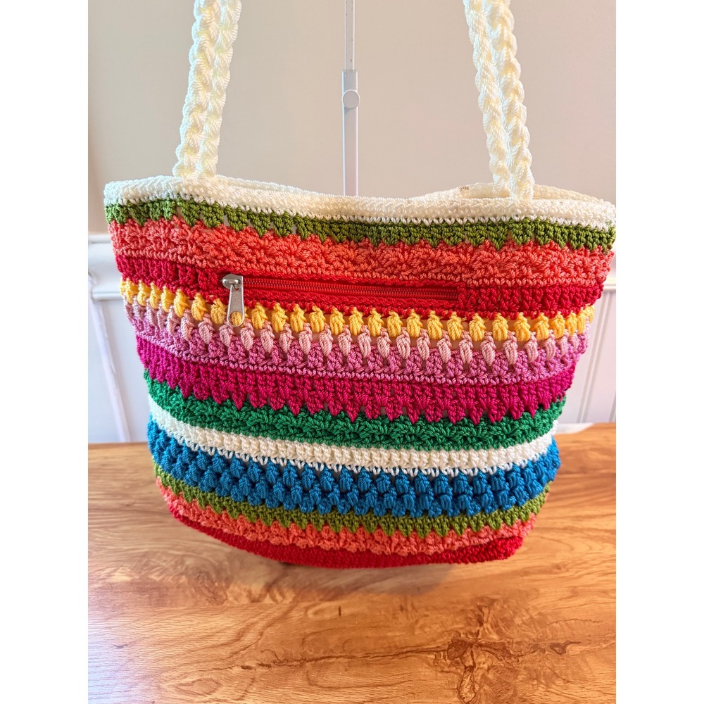 Colorful Crochet Tote Bag Lined Zip Pocket Boho Beach Cottagecore Lina - Picture 4 of 11